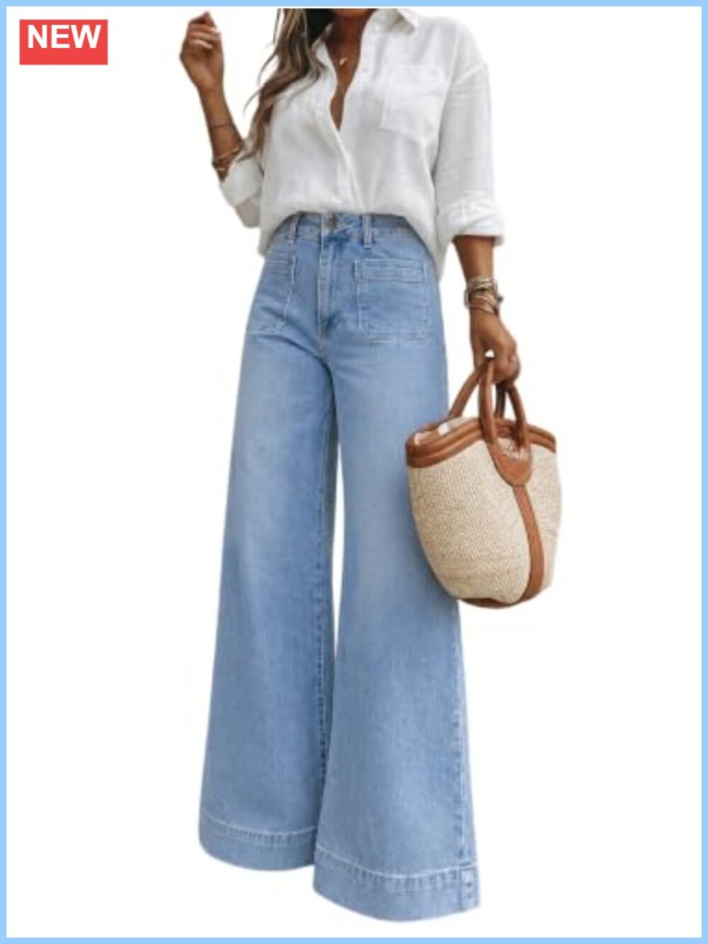 High Waisted Wide Leg Jeans Stretchy 70s Vintage Retro Patch Pockets